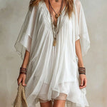 Green Chiffon V-neck Layered Flowy Mini Dress
