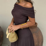Brown One Shoulder Mesh Maxi Dress