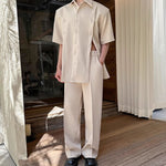 Slit Buttoned Shoulder Pad Shirt Wide Leg Trousers Two-Piece Set