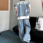 Distressed Collar Loose Denim Vest and Ripped Denim Trousers Suit