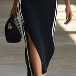 Retro Fashion Striped Black Knitted Ribbed V-Neck Slit Sports Maxi Dress