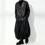 Japanese Loose Pleated V Neck PU Leather Jacket