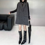 Ripped Loose Striped Suit Collar Vest Dress