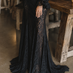 Gothic Black Lace Fitted V-Neck Flared Sleeve Maxi Dress
