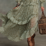 Vintage And Elegant V-neck Ruffled Leopard Print Chiffon Midi Dress