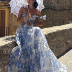 Organza Floral Print Tie Strap Maxi Dress