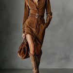 Suede Single Breasted Lapel Long Sleeve Midi Dress（Belt not included）