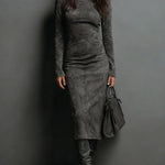 High Neck Long Sleeve Suede Midi Dress