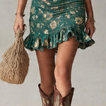 Bohemian Green Printed Ruffled Mini Dress