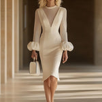 【24-hour shipping out】Elegant Classic Splicing Mesh Puff Sleeve Midi Dress