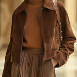 【24-hour shipping out】Casual Loose Solid Color Suede Zipper Pocket Short Jacket