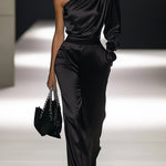 【24-hour shipping out】Elegant Off-the-shoulder Satin Long-sleeved Jumpsuit