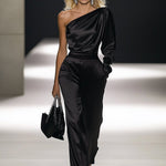 【24-hour shipping out】Elegant Off-the-shoulder Satin Long-sleeved Jumpsuit