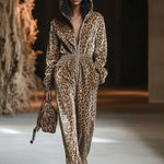 【24-hour shipping out】Casual Loose Vintage Velvet Leopard Print Zipper Hooded Jumpsuit