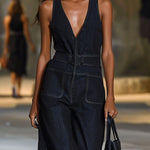 【24-hour shipping out】V-Neck Retro Casual Loose Sleeveless Wide-Leg Denim Jumpsuit