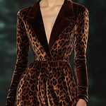 【24-hour shipping out】Lapel Fashion Party Leopard Print Velvet Long Sleeve Midi Dress
