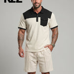 KZZ Men's Solid-Color Half-Zip Polo Shirt & Shorts Two-Piece Set