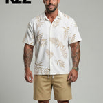 KZZ Men's Leaf Print Drawstring Waist Loose Shorts Set
