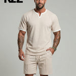 KZZ Men's Business Casual Sport Solid Color V-Neck Short Sleeve Shorts Set