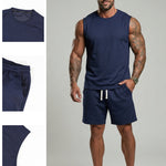 KZZ Men's Solid-Color Ribbed Sleeveless Vest and Shorts Two-Piece Set