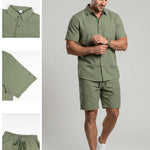 KZZ Men's Solid-Color Linen Shirt and Shorts Set