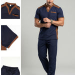 KZZ Men's Business Casual Color-Block Waffle-Knit V-Neck Short-Sleeve Shirt and Trousers Set