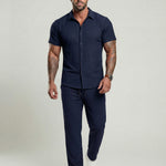 KZZ Men's Two-piece Suit Shirt and Elastic Waist Pants Set