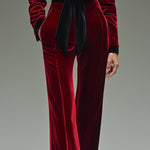 【24-hour shipping out】Retro Fashion Lapel Belt Different Color Velvet Stitching Jumpsuit