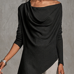 Black Draped Cowl Off Shoulder Long Sleeve Top & Light Heather Grey Wide Leg Pants Two Piece Set