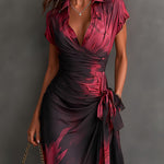 Red Black Abstract Print Wrap Midi Dress Collared V Neck Short Sleeve Tie Waist Ruffled High‑Low Hem Dress