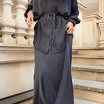 Long-sleeved Tie-Drawstring Shirt and Skirt Set